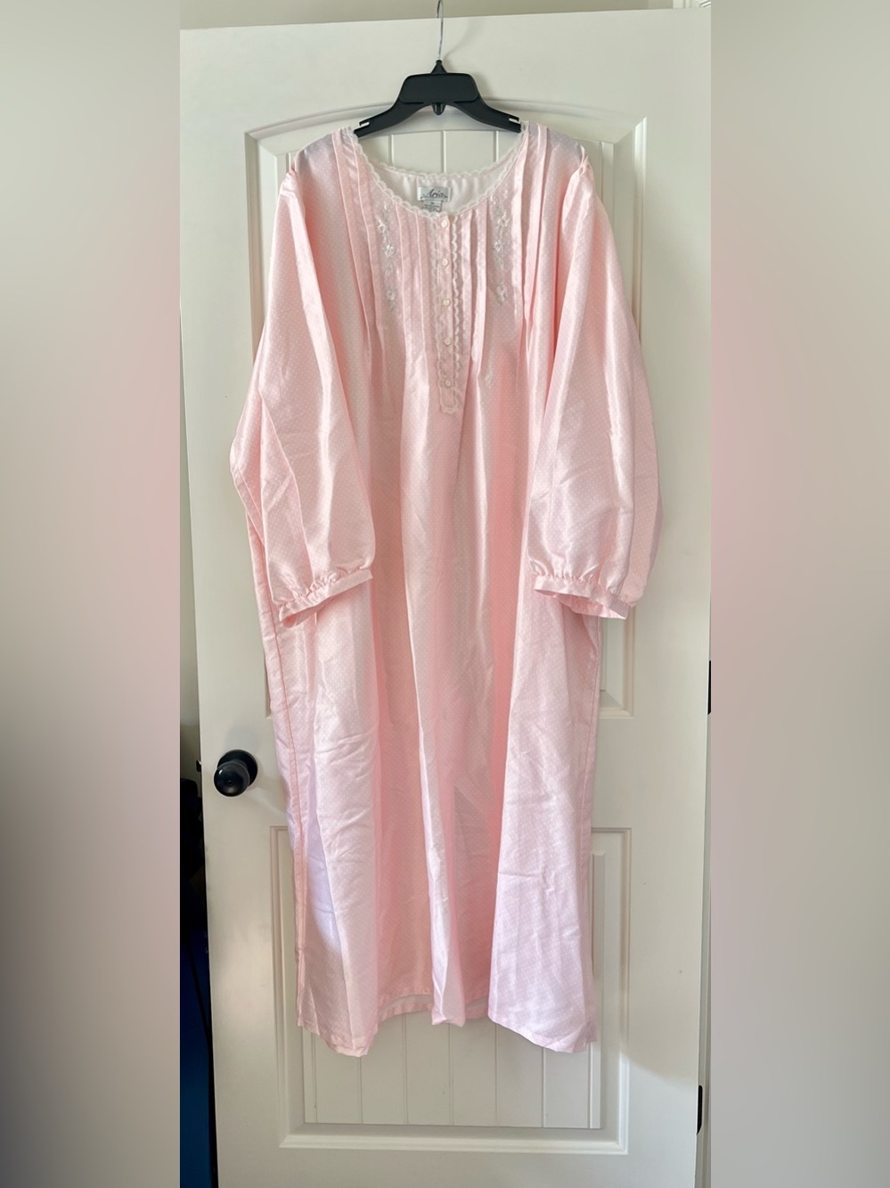 Aria Womens 3X Brushed Satin Long Sleeve Nightgown Pink White Polka Cottagecore